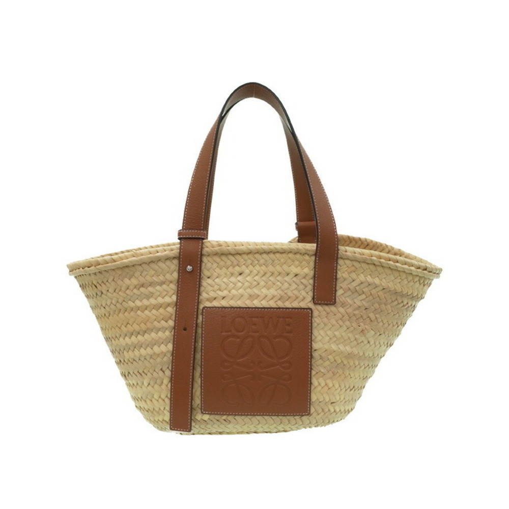 Loewe Paula Ibiza Basket Bag woven palm leaf calfskin leather anagram Tan
